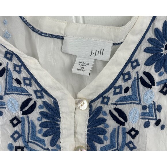 J.Jill Womens White & Blue Embroidered Tunic Top XS Boho‎ Blouse - Picture 4 of 5